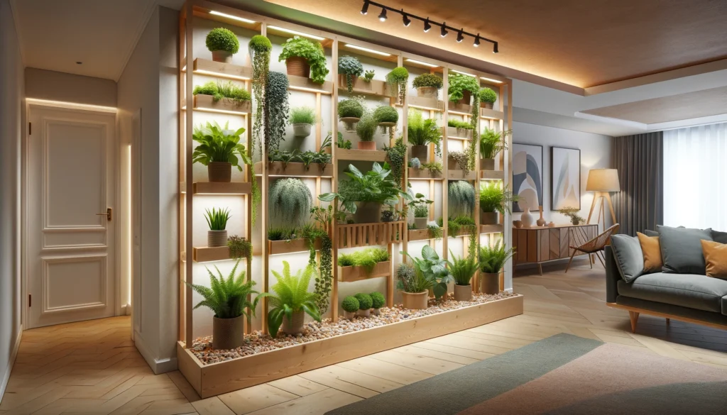 DALL·E 2024 06 11 10.00.48 A beautifully designed indoor vertical garden in a basement. The garden features a wooden frame filled with a variety of indoor plants such as ferns - Home | Home Improvement Ideas